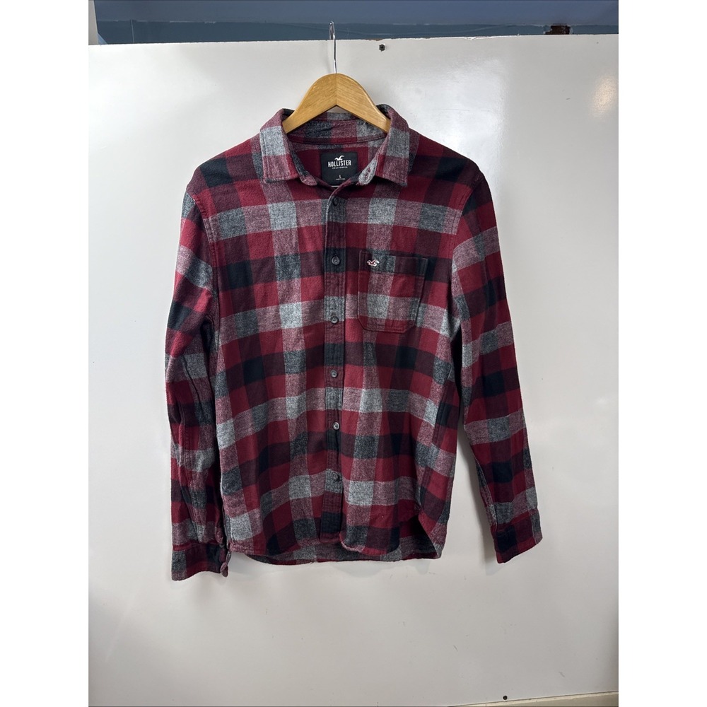 Hollister Men Large Red Black Gray Flannel Button Down Cotton Preppy Plaid Shirt